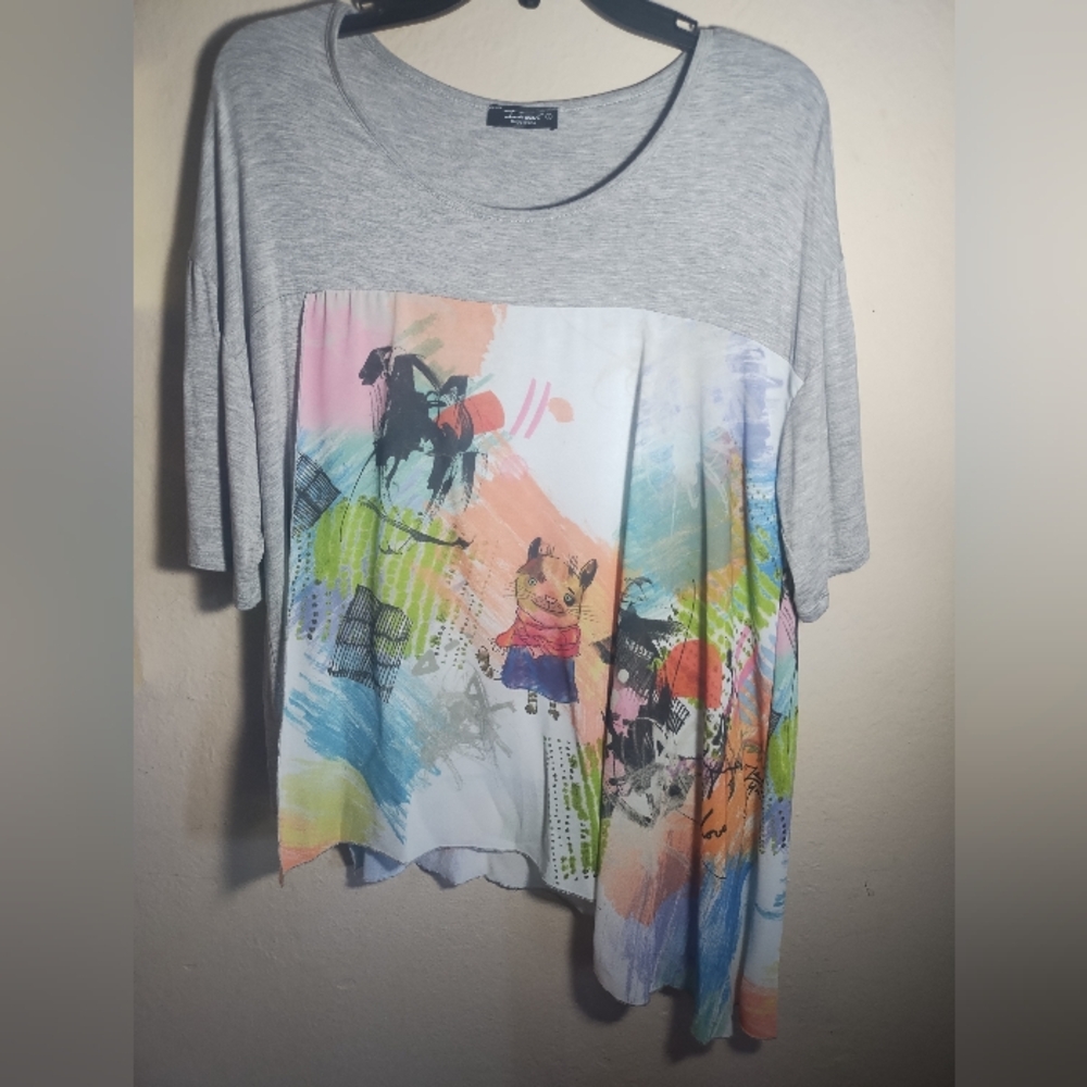 Inoah Top Flowy Colorful Cat Tunic Boho Artsy Asymmetrical Tunic